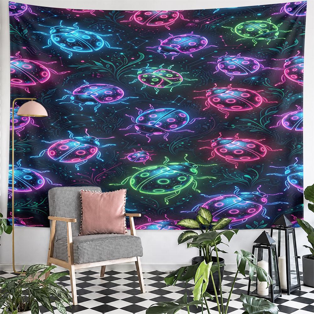 Neon Ladybugs on Dark Background Pattern Wall Hanging Tapestry Decorative Tapestry Home Decor for Bedroom and Living Room