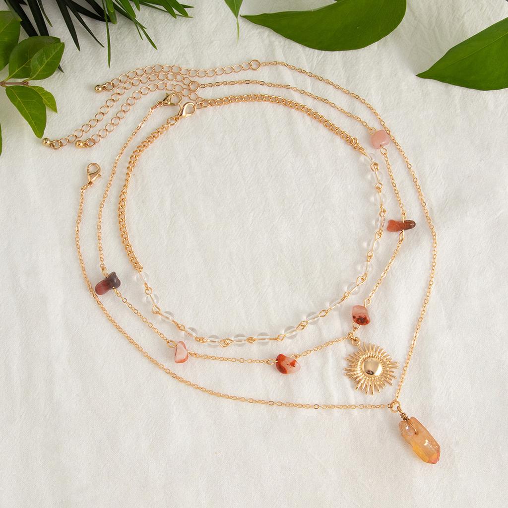 Set of 3 Layered Sun Crystal Pendant Necklace Women Bohemian Style Neck Jewelry Suitable for Fashion Enthusiasts