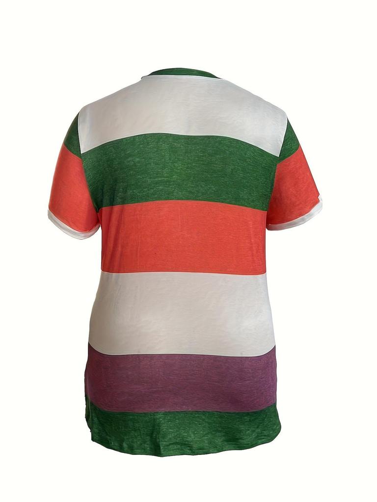 Женский клетчатый и полосатый топ с коротким рукавом и круглым вырезом большого размера - Желтый/Красный, Коллекция 2025