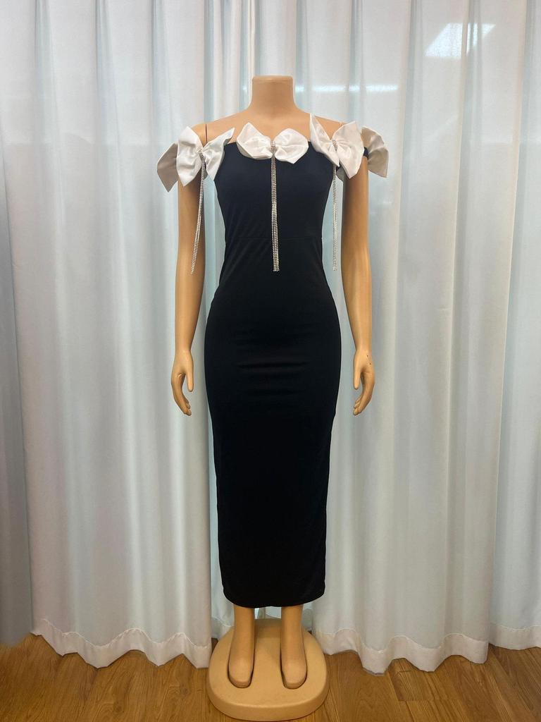 European & American One-Shoulder Rhinestone Bow Tassel Dress