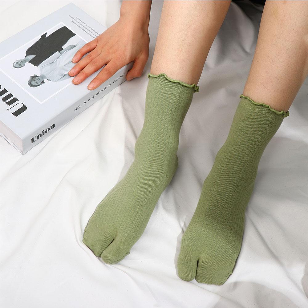 Candy Color Split Toe Cotton Ruffles Two Finger Socks Hosiery Two Toe Socks Middle Tube Socks