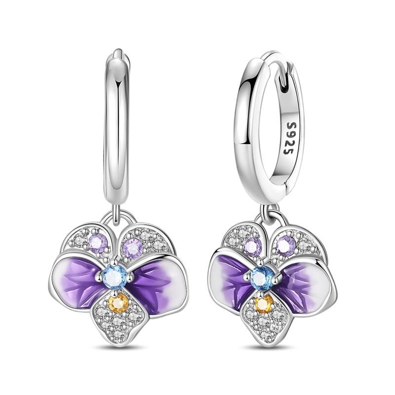 Original 925 Sterling Silver Purple Flower Owl Earrings Women 2025 Zircon Ear Studs Sparkling Pave Hoop Earring Jewelry Gift