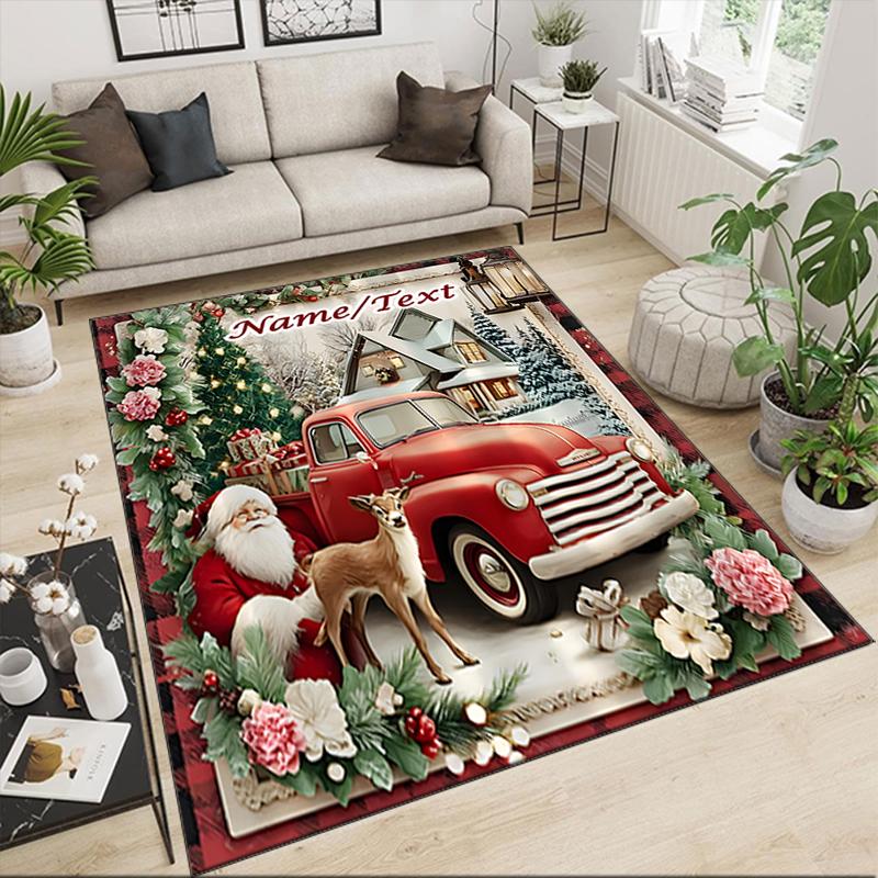 1PC Custom Name Christmas Vintage Truck Scene Theme Floor Mat Ideal for Living Room, Game Rooms, Office, Bedroom,Floor Mat Playful Design