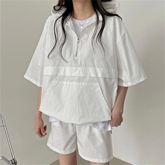 2 Pcs/Set Women Hoodie Shorts Set Half Zipper Hooded Three-quarter Sleeve Loose Big Pocket