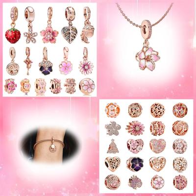 Новая коллекция 'Искрящиеся Цветы' с покрытием Rose Gold Шарм-бусина 'Цветущая Вишня Семейное Дерево' Совместимо с Оригинальными Браслетами Аксессуары Сделай Сам