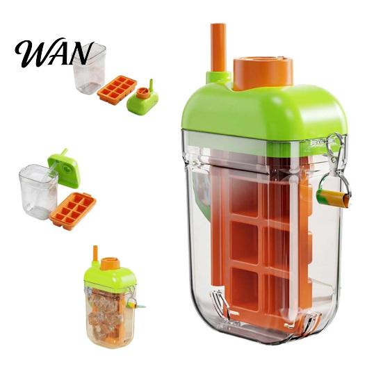 Ice Mold 2-in-1 Cube Maker & Water Bottle with Straw, Press-Release Silicone Easy Release Tray for Freezer, Leak-Proof Portable Cup Gym Travel,