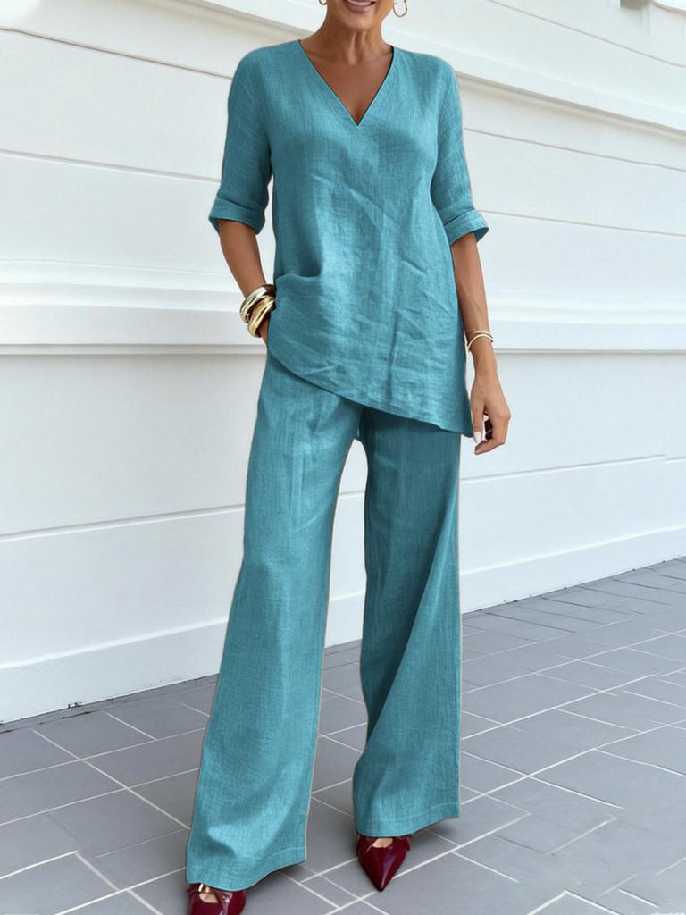 Autumn Women's Casual Cotton Linen Solid Short Sleeve V-Neck Tunic Top
