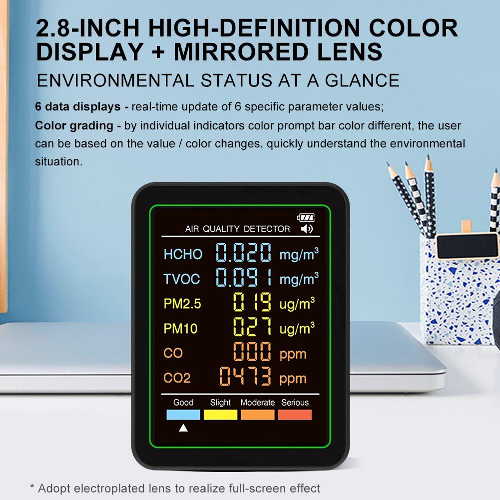 6-in-1 Air Quality Tester Real-Time Air Quality Meter Portable Temperature Humidity Detector for Home Office School
