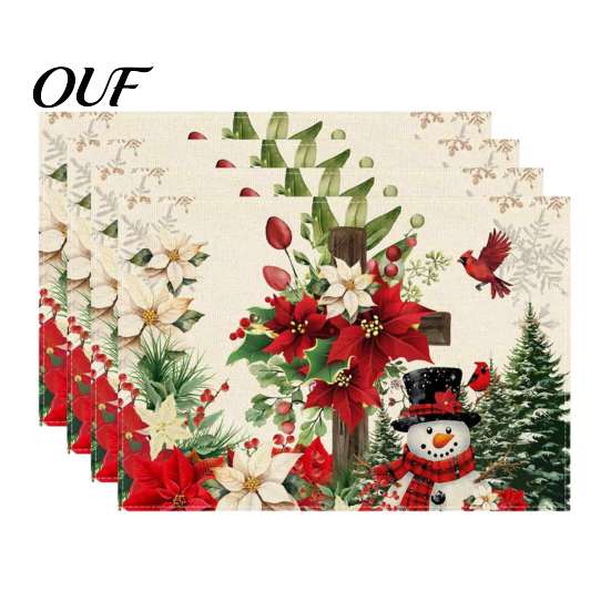 Dining Table Mat 4Pcs Christmas Linen Placemat Set, Cartoon Snowman Gingerbread Gnome Durable Mats Mat, Heat Resistant Place for Holiday Party