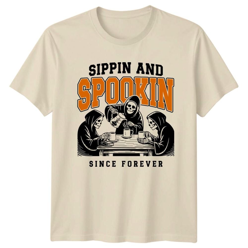 Sippin And Spookin Halloween Humor Skeletons Unisexs Unisexs Graphic Tee