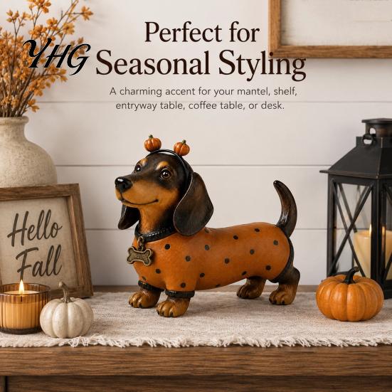Creative Gift for Dog Owners Fall Harvest Dachshund Figurine, Halloween Statue with Pumpkin Headband Polka Seasonal Window Display Accents Dot Outfit,
