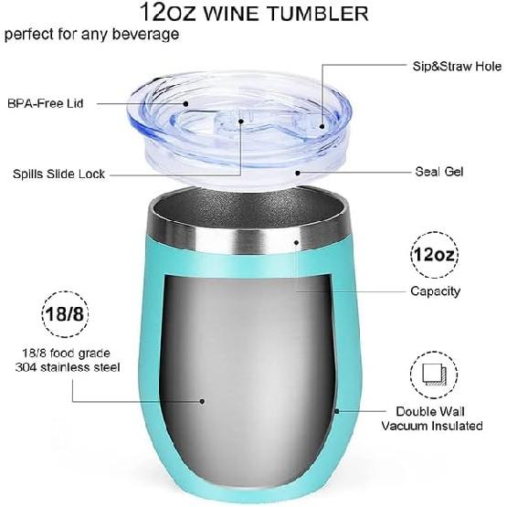 12 oz Stainless Steel Wine Tumbler Stemless Glasses with Lid, Double Wall Insulated Travel Mug Perfect for Wine, Coffee, Drinks, Champagne, Cocktails