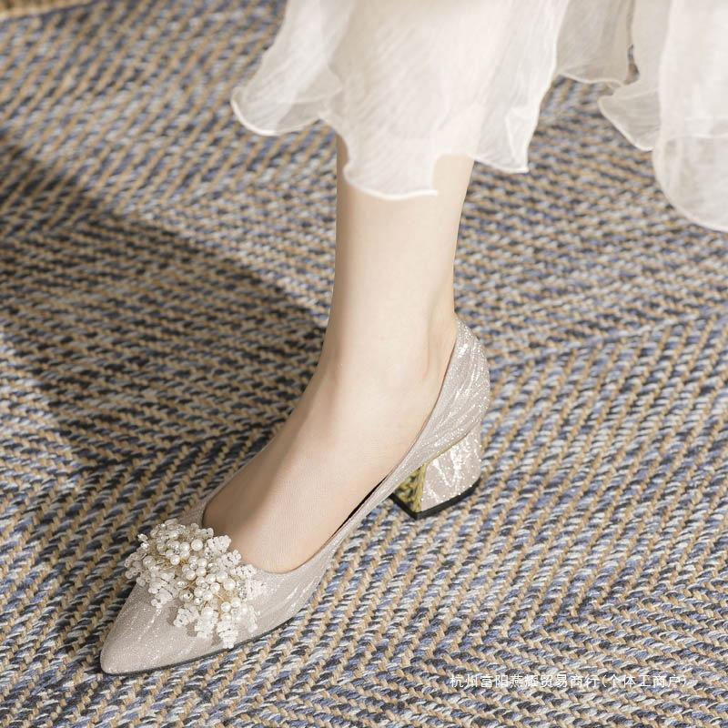 Большие свадебные туфли 41-43 золотые туфли на толстом каблуке, широкие ноги, шампанское, свадебные туфли на высоком каблуке, маленькие одинарные туфли женские цветы осень