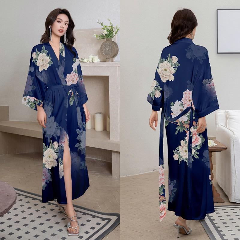 Satin Printed Robe Women Plus Size Lightweight Long Sleepwear Home