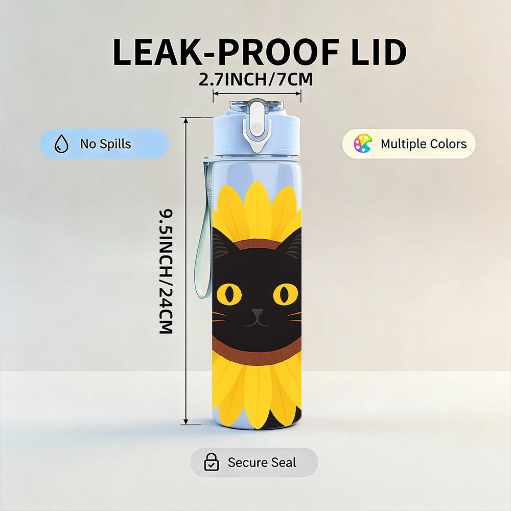 1PC Sunflower Black Cat Cute Art Print 750ml Color Plastic Sports Water Bottle Leakproof Flip Straw Lid Suitable for Sports Office Home Use