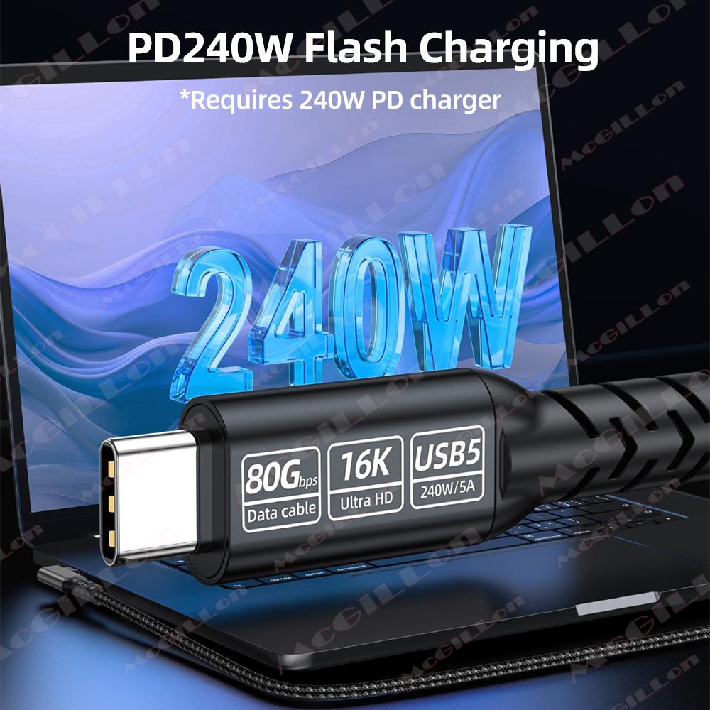 Угловой кабель Type-C на USB5.0 PD240W 80 Гбит/с Thunderbolt 5 Type-C 16K 8K 48V/5A для iPhone 16 Pro Планшета Switch Ноутбука MacBook Pro
