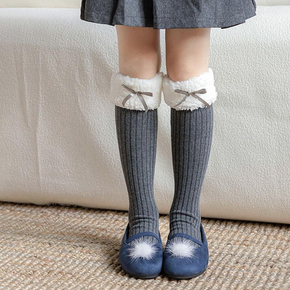 Long Tube Sock Lamb Wool Stocking Autumn&Winter Bow Socks Breathable Plush Hosiery Kid