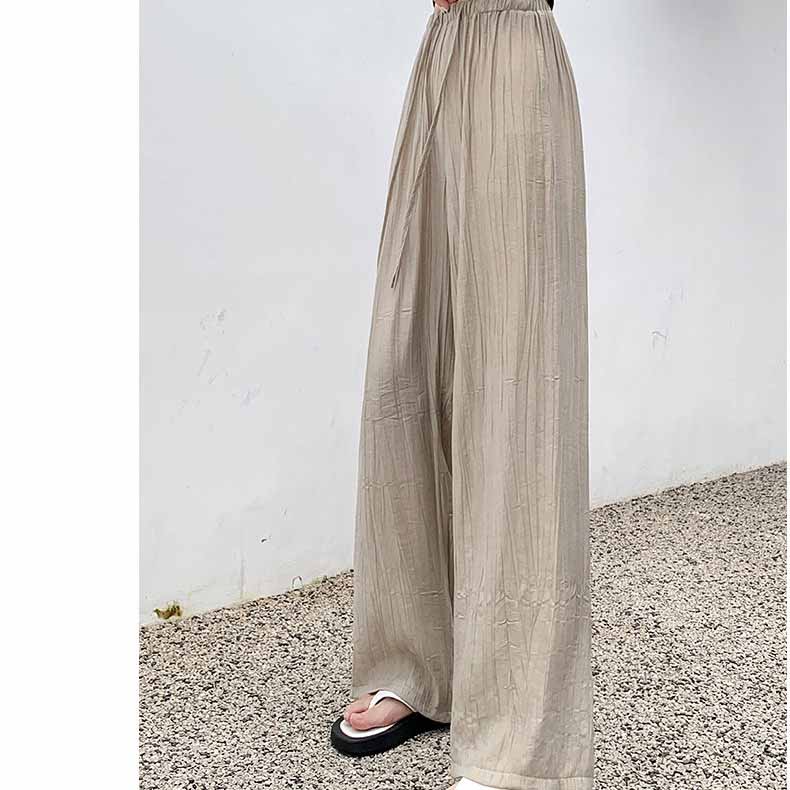 Pleated Ice Silk Wide Leg Pants for Women's Summer High Waisted Draped Cool Pants Straight Tube Loose Casual Pants