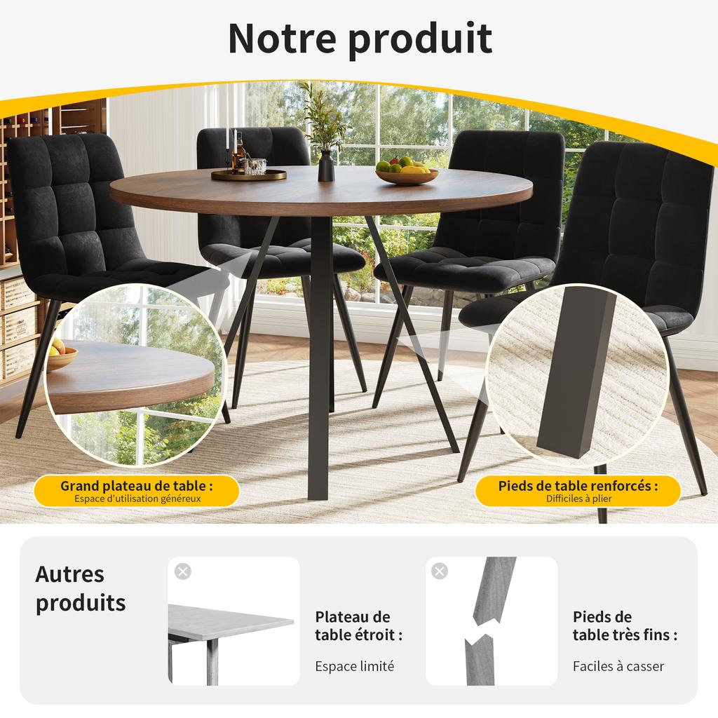 Round Dining Table (80×80×75cm), Coffee Table for 4, Suitable for Dining Room, Living Room, Metal Table Legs, Walnut-colored Desk and Black Legs