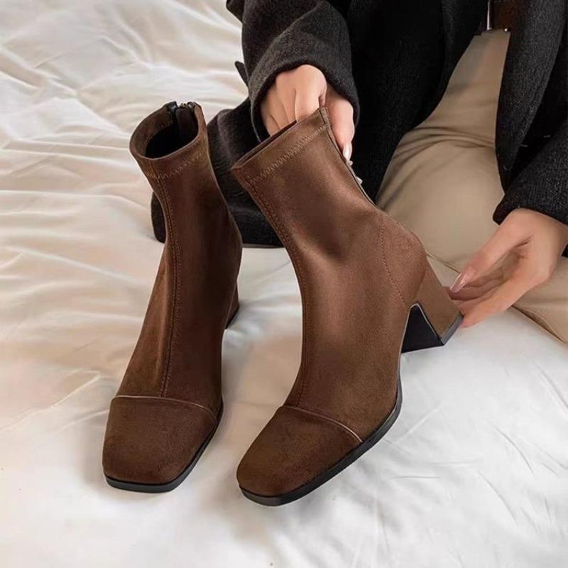 Fashion French Square Toe Stretch Suede Versatile High Heel Boots Plus Size Booties Women's Spring and Autumn Single Boots