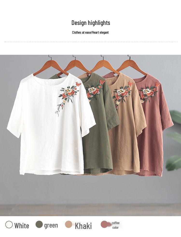 Женская ретро футболка в корейском стиле большого размера с вышивкой из хлопка и льна