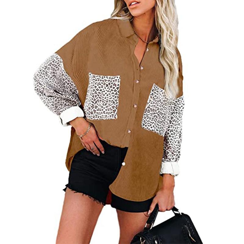 Winter Corduroy Coat Leopard Print Casual Lapel Buttoned Shirt Women Outerwear
