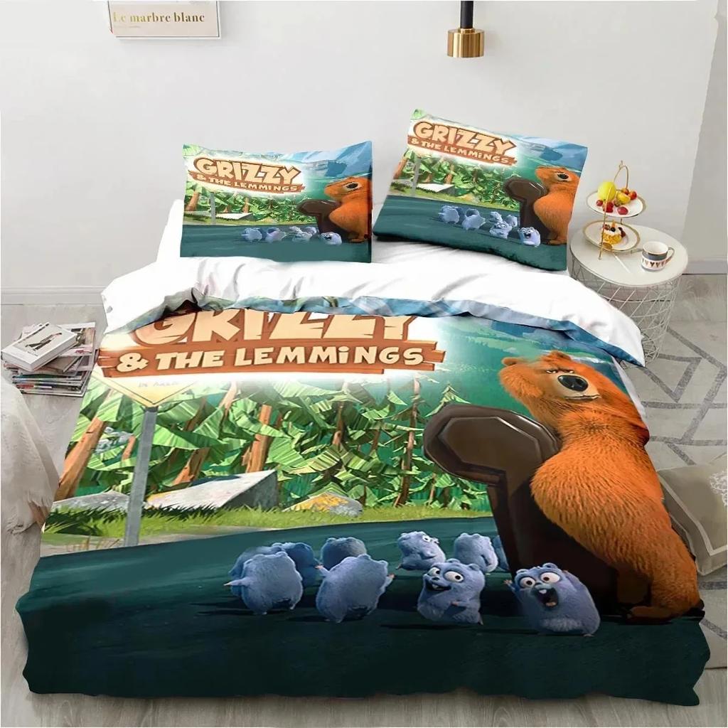 Cartoon Grizzy N Lemmings Bedding Set Duvet Cover Bed Set Quilt Cover Pillowcase Comforter King Queen Size Boys Adult