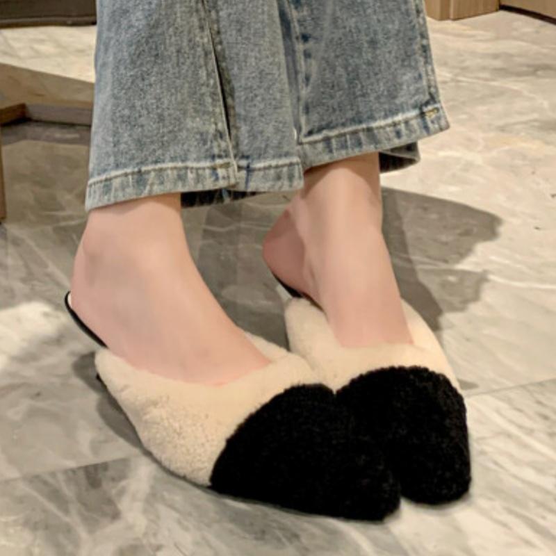 Women High Heels Fur Slippers Home Cotton Shoes Winter Plush Warm Pointed Toe Shoes 2025 Trend Casual Flip Flops Zapatos Mujer