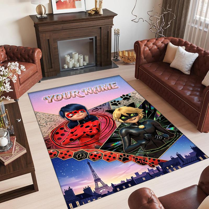 Personalized Crystal Velvet Carpet Custom Name Text,Miraculous Ladybug Anti Slip Area Rug For Home Decoration