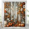 Shower Curtain: Rustic Autumn Design with Pumpkins, Flowers, and Wooden Background for a Cozy and Festive Bathroom Decor