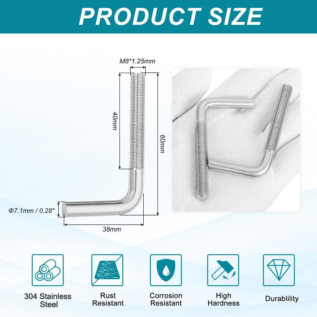 uxcell 10 шт. Анкерные болты с прямым углом 9 градусов M8 x 60 мм Нержавеющая сталь 304