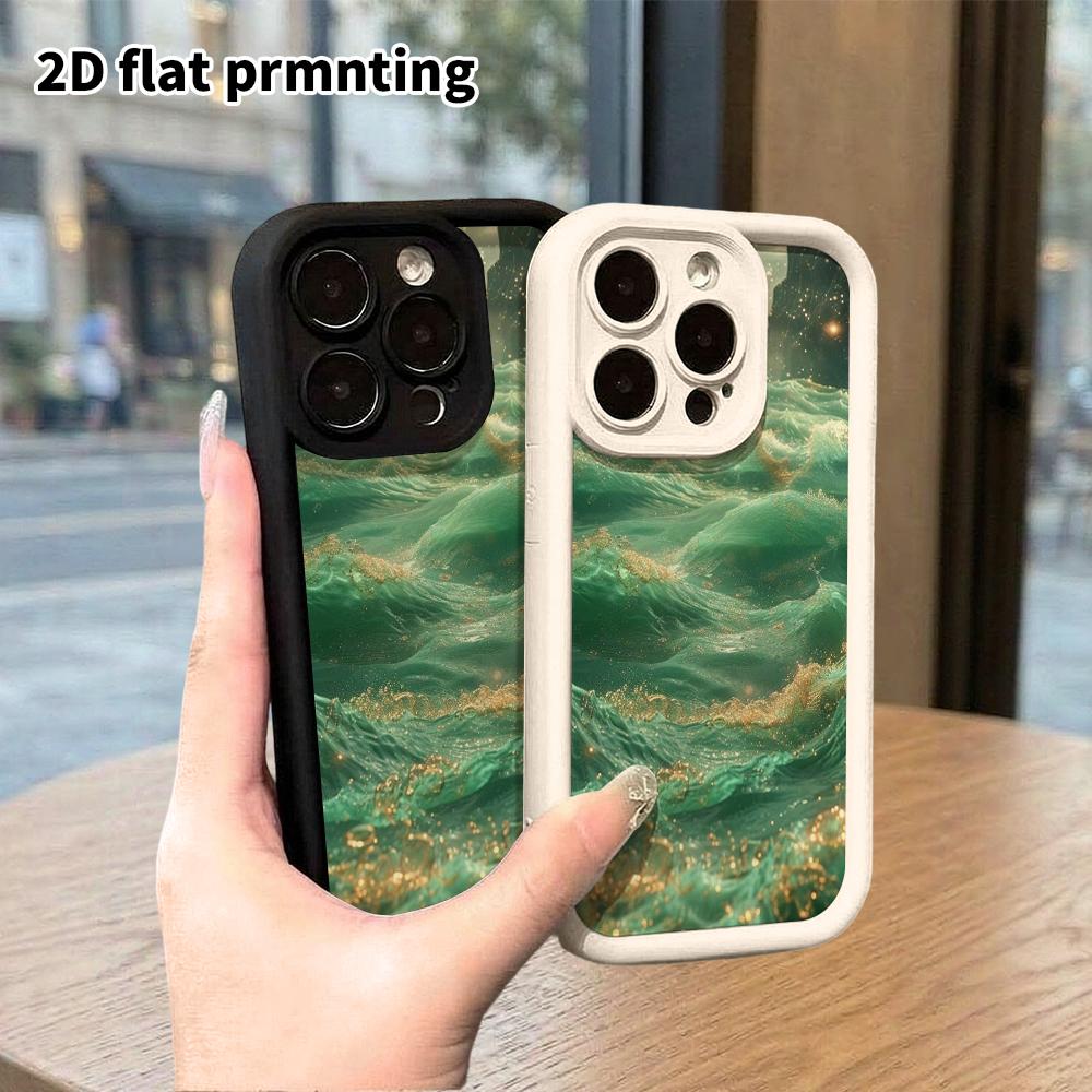 Phone case: 2D flat design suitable for iPhone 18 17 16 15 14 13 Pro tiered protective case, jade sea waves, Christmas and Halloween gift