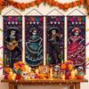 2D Flat 2D Flat Banner4 Day of the Dead Party Banner 17.72x47.24in Floral Skeleton Pumpkin Backdrop Skeleton Print Holiday Party Wall Decor