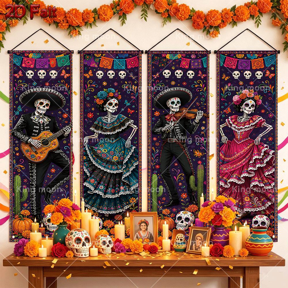 2D Flat 2D Flat Banner4 Day of the Dead Party Banner 17.72x47.24in Floral Skeleton Pumpkin Backdrop Skeleton Print Holiday Party Wall Decor