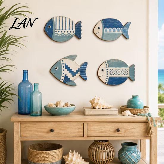 Rustic Mediterranean Wall Sculptures 4PCS Wooden Fish Decoration, Style Hanging Plaques, Blue White Art Geometric Pattern Pendant for Bathroom Living