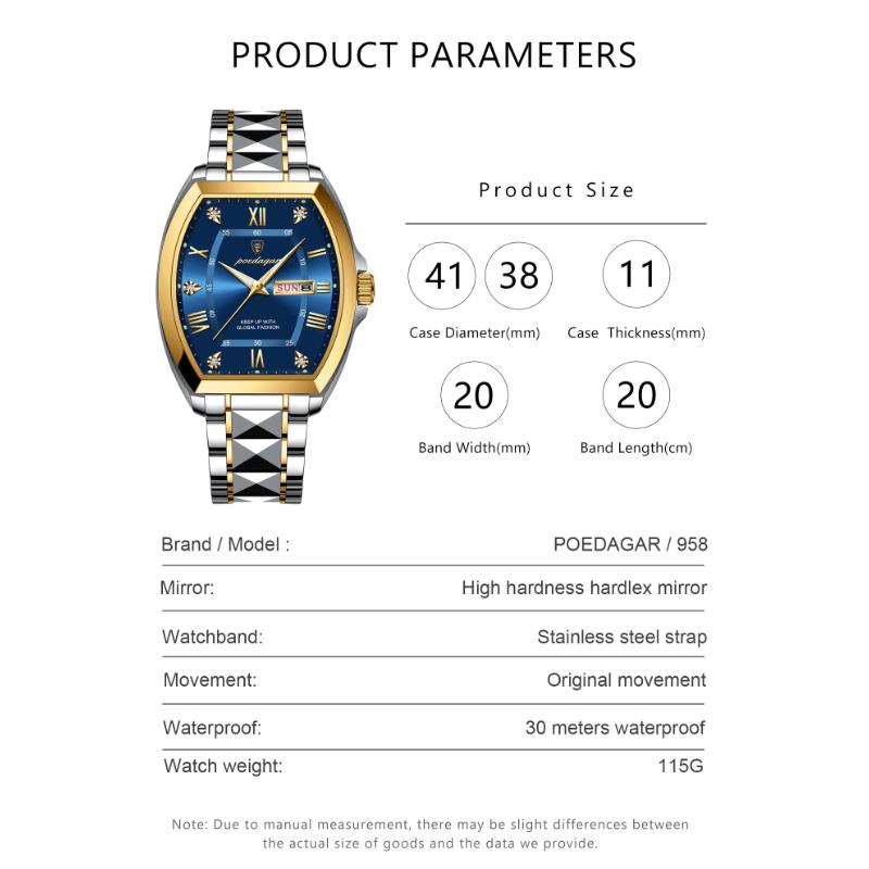 POEDAGAR Роскошные часы из нержавеющей стали для мужчин, светящиеся водонепроницаемые мужские часы с датой и неделей, корпус Tonneau, мужские кварцевые часы
