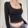 Spring and Autumn Sexy U-neck Lace Bow Splicing Slimming Long Sleeve Y2K Base T-shirt
