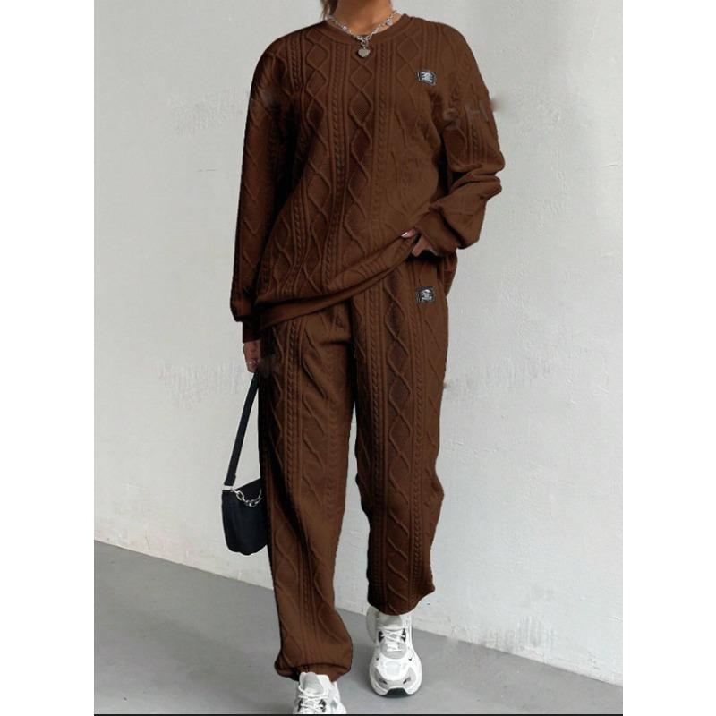 VEZFAA Женские Модные Повседневные Весенне-Осенние Однотонные с Принтом Длинный Рукав Круглый Вырез Брючные Костюмы