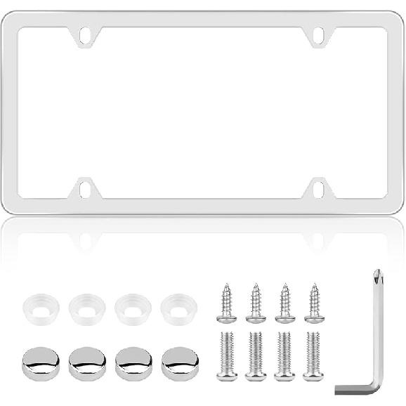 Chrome License Plate Frame Made Of Zinc Alloy Metal, Universal Car Accessories,1 Pack License Plate Holder Never Rust And Unbreakable With Metal