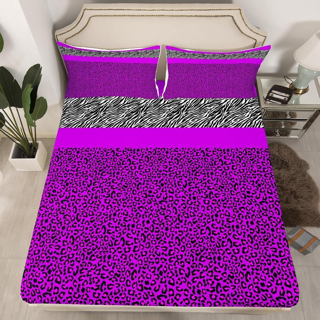 Leopard Kids Fitted Sheet, Black White Striped Bed Cover with Pillowcases, Animal Print Bedding Set for Boys Girls Room Decor