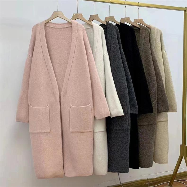 Большой размер ленивый стиль длинный вязаный кардиган женский осень и зима новый корейский вариант свободный V-образный вырез двойной карман свитер куртка прилив