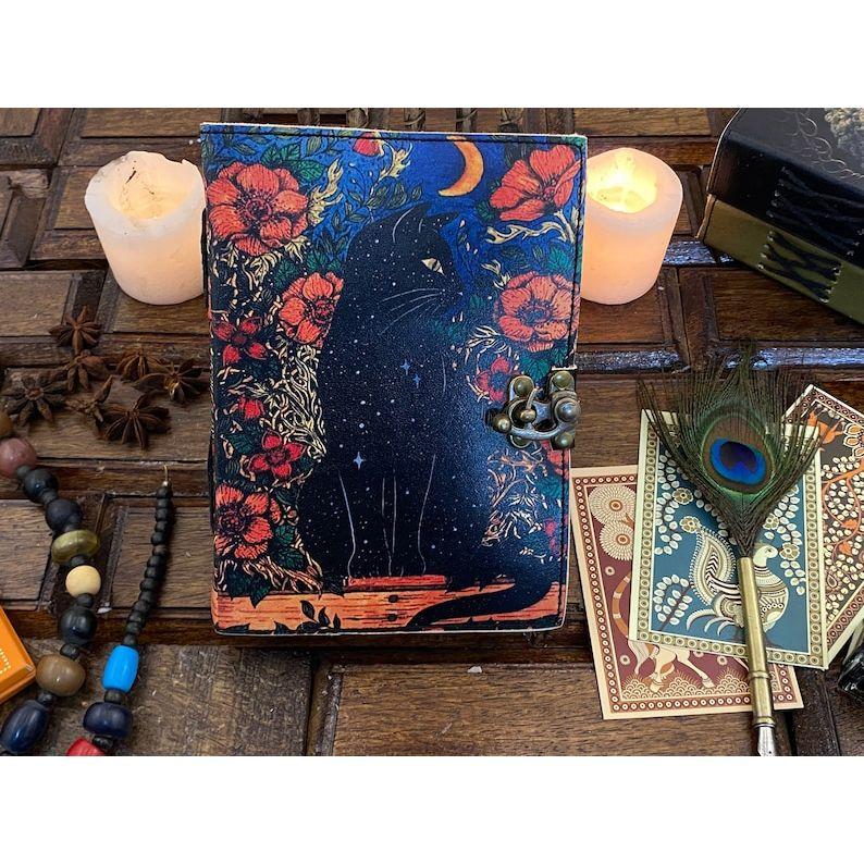 Grimoire Celtic Cat Book of Shadow Leather Journal Spell Book - Witch Wiccan Notebook Sketchbook Journal -Handmade Deckle Edge Paper