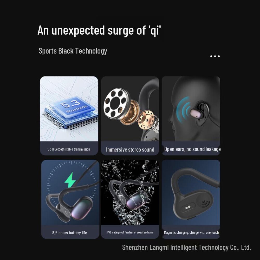Bluetooth-спортивная гарнитура с воздушной проводимостью: Водонепроницаемый, Потостойкий, Дизайн с ушным крючком, Долгое время работы от аккумулятора