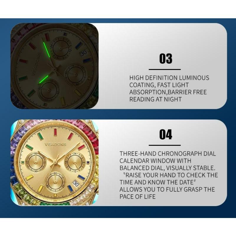 Colorful Rainbow Crystal Bezel Chronograph Watch Men Casual Sport Quartz Wristwatch with Date Function