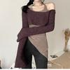 Y2k Off Shoulder Knitted Women T-shirts Set Sexy Korean Style Asymmetric Halter Tops Gyaru Crop Long Sleeve Autumn Tees
