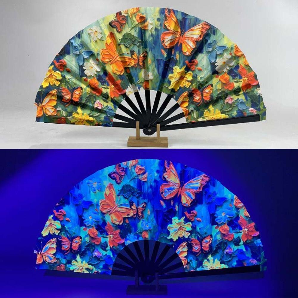 13inch Glow-in-the-Dark Folding Fan Butterfly Mushroom Vibrant Neon Psychedelic Fan with Neon Fluorescent Print Decor