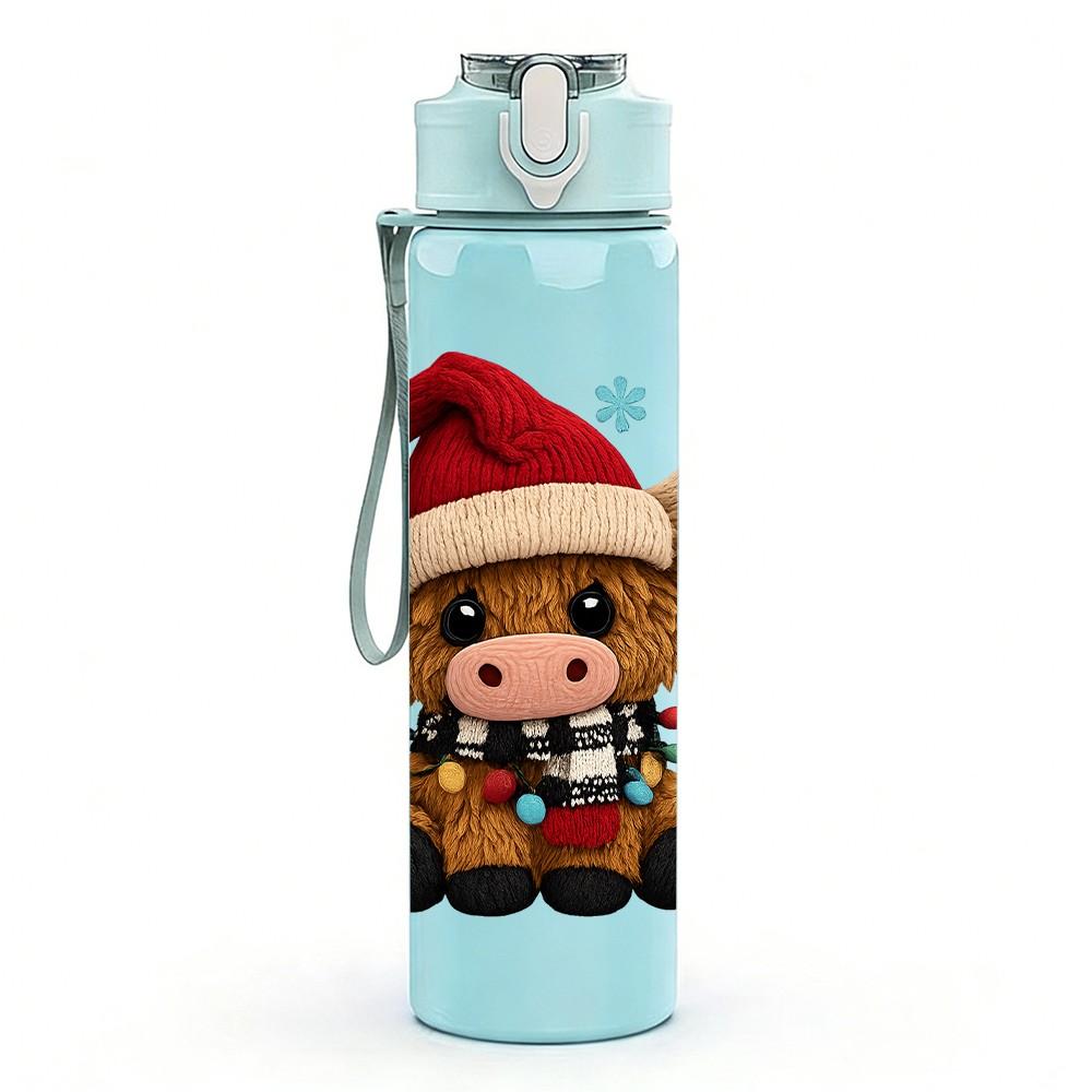 1PC Santa Hat Cute Cow 750ml Color Plastic Sports Water Bottle Leakproof Flip Straw Lid Suitable for Sports Office Home Use