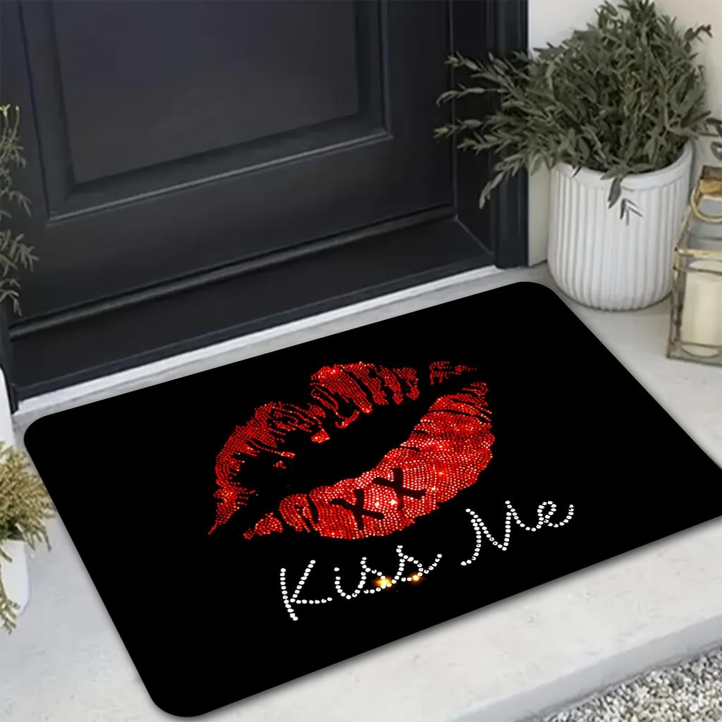Red Lips Kiss Theme Welcome Doormat, Artistic Red Lip Non-Slip Floor Rug, Washable Decorative Entryway Mat for Home