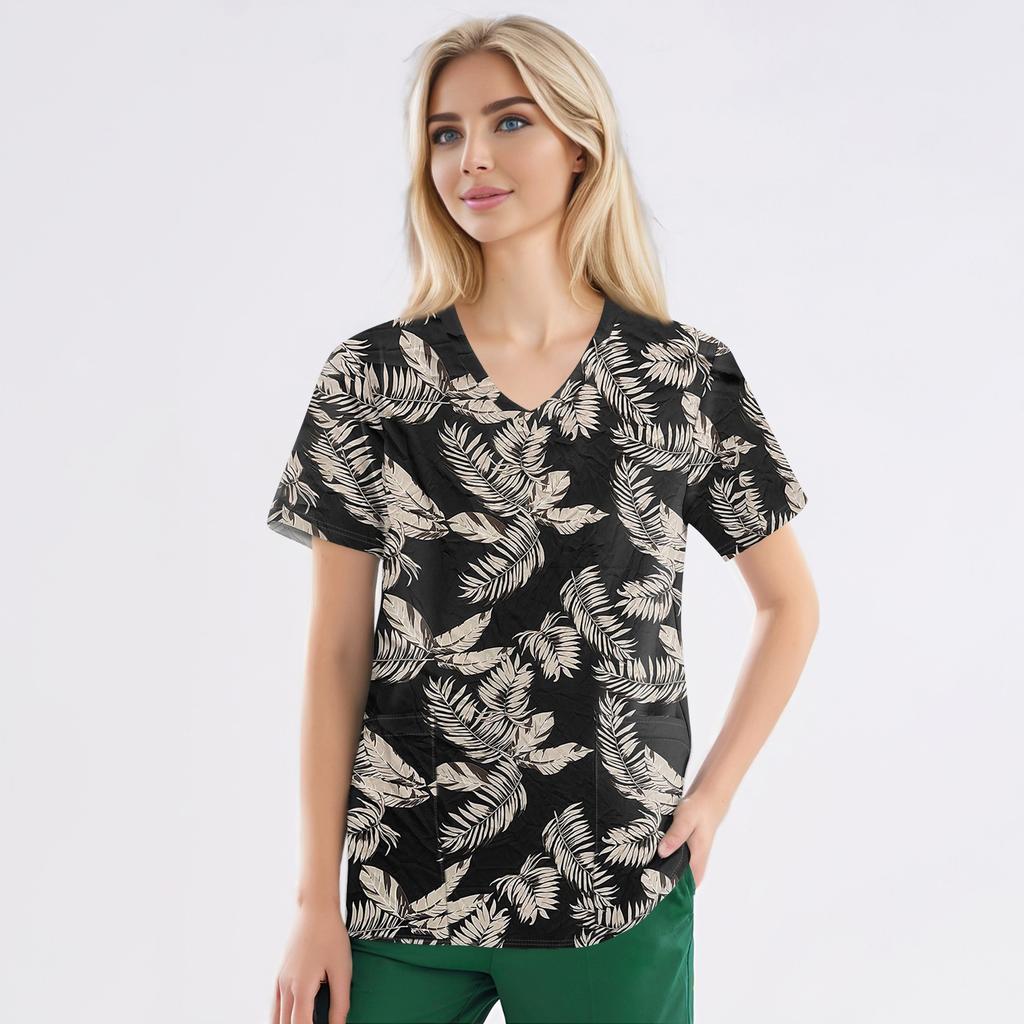 Рабочая форма больших размеров с принтом, топы для женщин, забавные футболки с v-образным вырезом и короткими рукавами, рабочая одежда, футболка с карманами