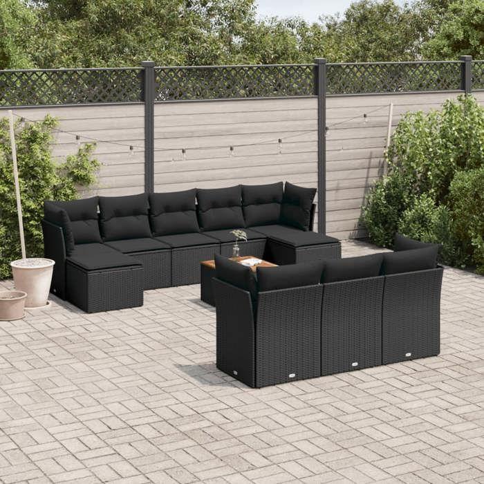 VidaXL Salon de Jardin avec Coussins 11 pcs, Canapés de Terrasse, Ensemble de Meubles de Patio, Mobilier d'Extérieur, Noir 3223878